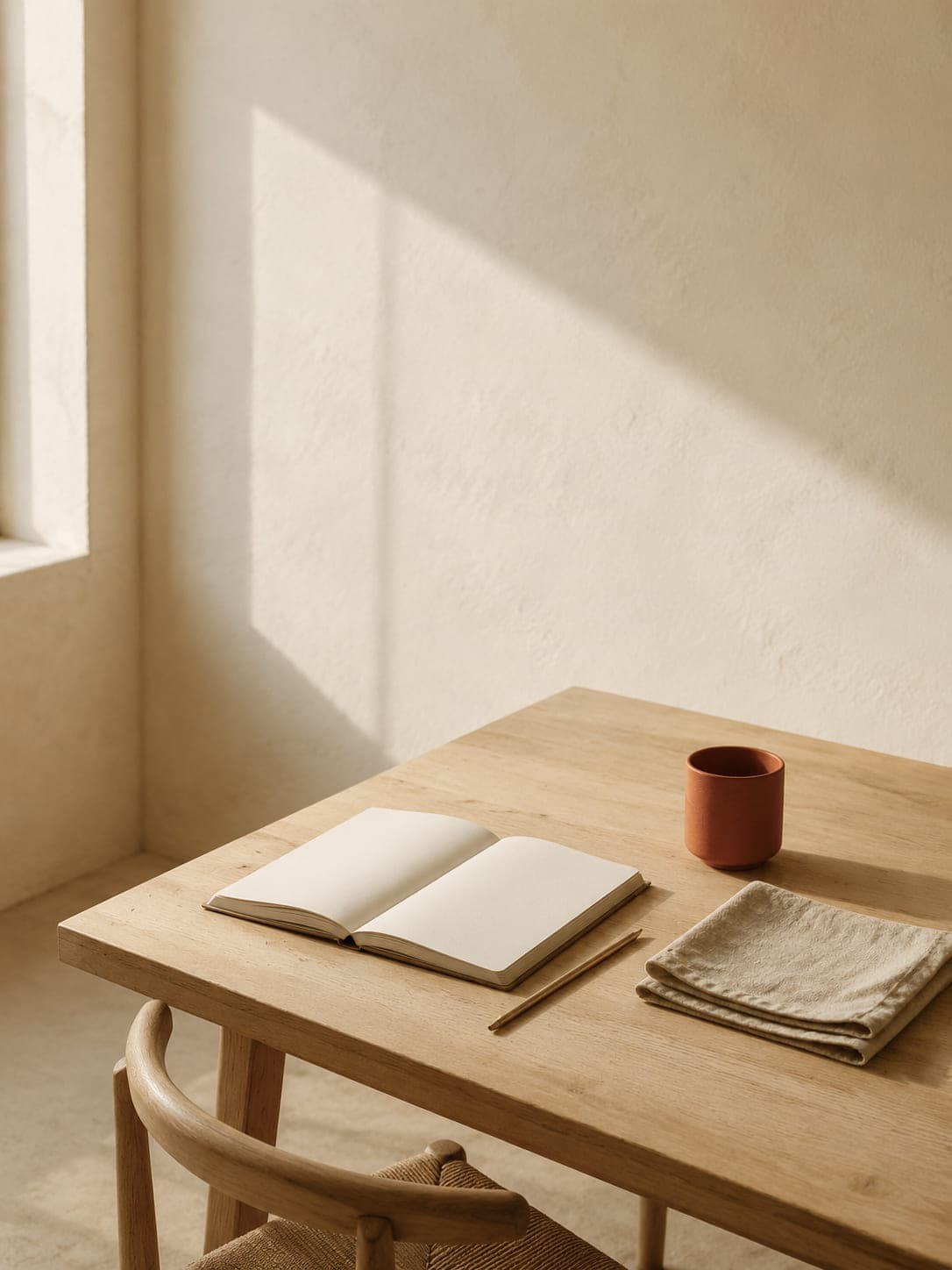 Le plan de travail du studio : un carnet ouvert, un crayon et une tasse en céramique, éclairés par la fenêtre.