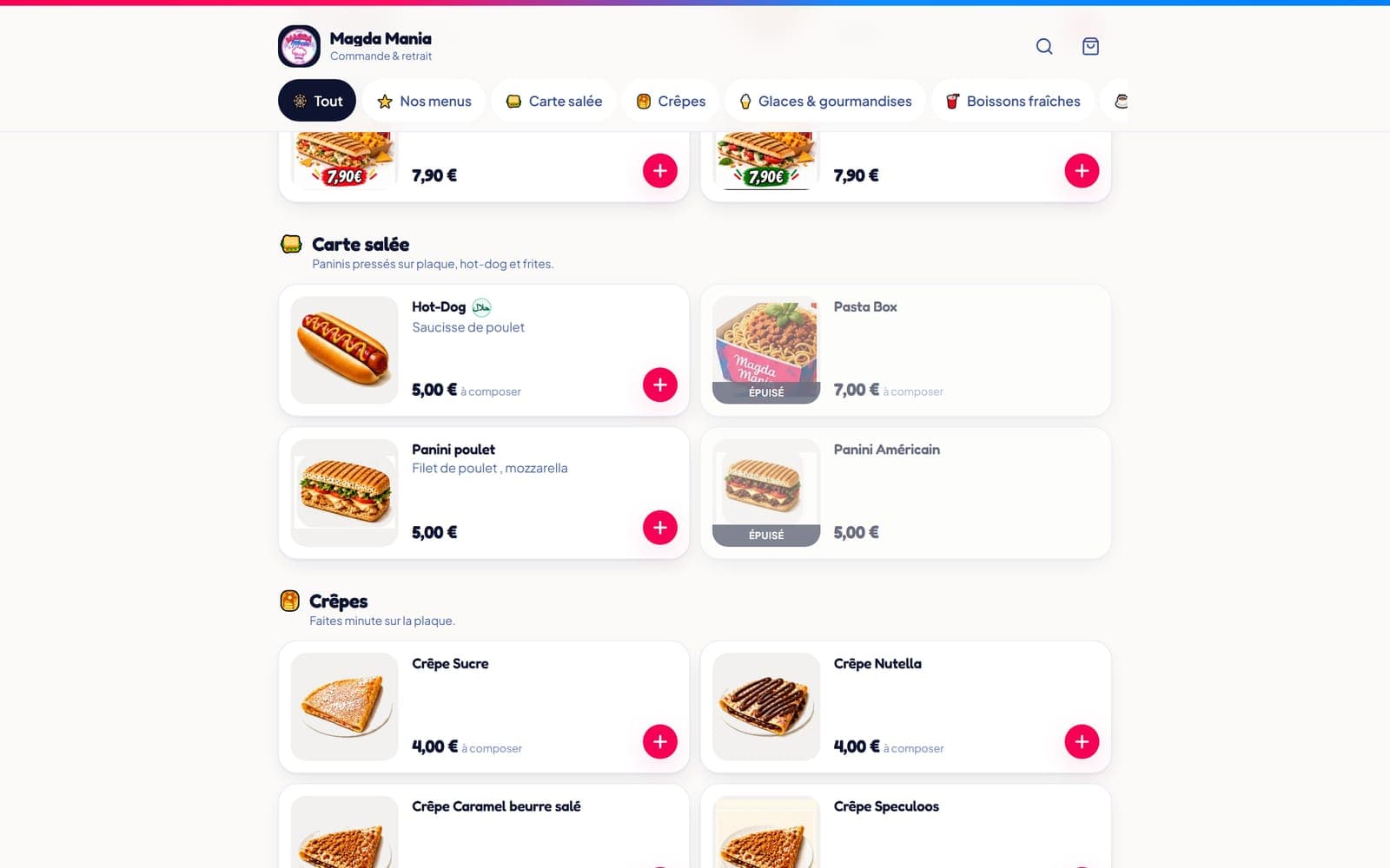 La carte de Magda Mania : les menus avec photo, prix, et la mention « épuisé » sur un produit en rupture.