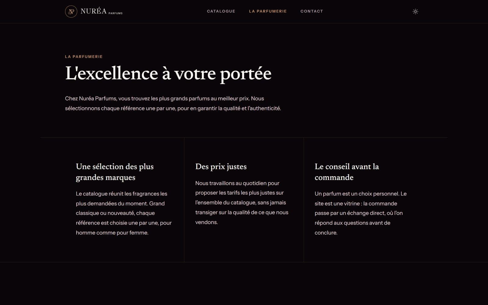 La page des marques de Nuréa Parfums, qui regroupe les références par maison.